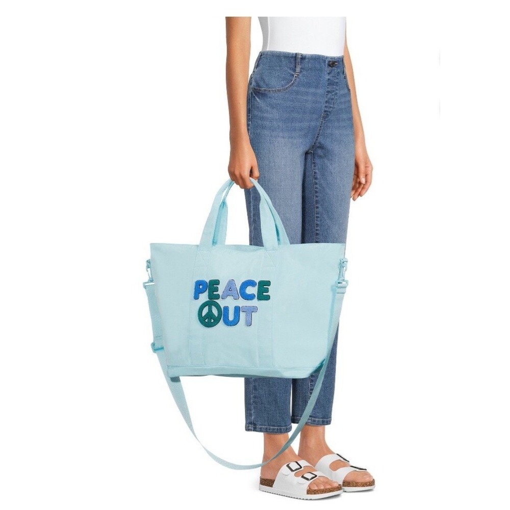 No Boundaries Tote Bag Women Large Light Blue Peace Out Graphic Canvas